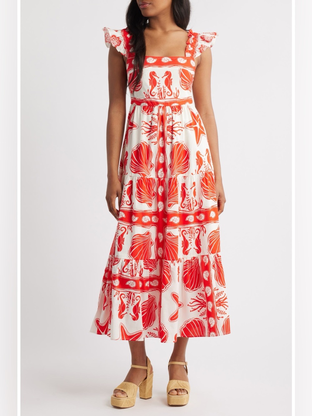 Moon Rover Sea Life Midi Maxi Dress in White and Coral Size Extra Small